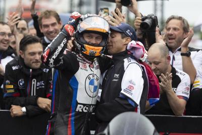 Michael van der Mark, Toprak Razgatlioglu, 2024 French WorldSBK, parc ferme. - Gold and Goose